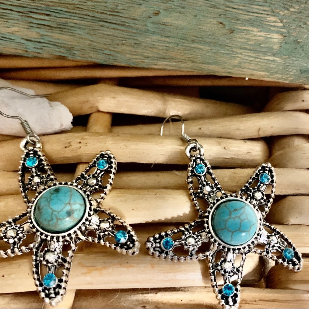 Starfish Turquoise and Silver Earrings - Picture 2 of 4